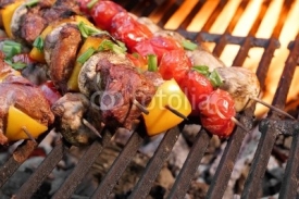 Naklejki Mixed Meat And Vegetables Kebabs On Charcoal Barbeque Grill
