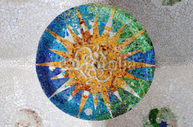 Naklejki Season mosaic with orange sun at sala Hipostila in Park Guell at