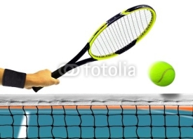 Naklejki Hitting Tennis Ball in Front of the Net over White