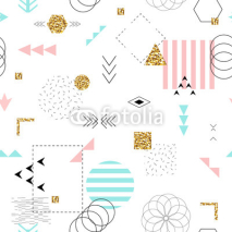 Naklejki Geometric seamless pattern memphis style with golden glitter texture.