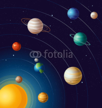 Fototapety Vector illustration of planets on orbits the sun astronomy educational banner. All planets of solar system with blue background in flat cartoon style.