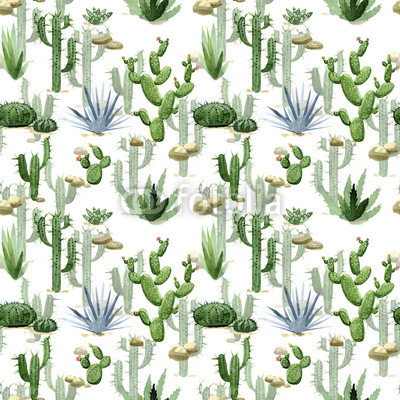 Watercolor cactus seamless pattern. Hand drawn  illustration on white background.