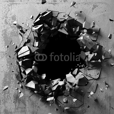 Dark explosion hole of concrete old wall