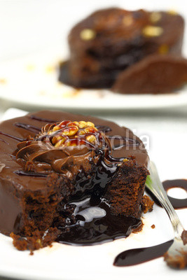 Chocolate dessert with melted chocolate running from inside