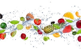 Naklejki Fresh fruits falling in water splash