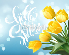 Hello Spring hand Lettering with tulip flower. Vector illustration
