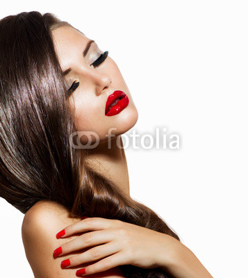 Sexy Beauty Girl with Red Lips and Nails. Provocative Makeup