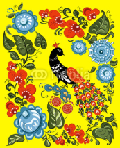 Fototapety flowers and bird in Russian traditional gorodetsky style