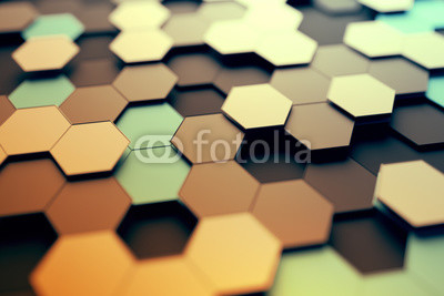 Abstract 3d rendering of futuristic surface with hexagons. Contemporary sci-fi background with bokeh effect. Poster design.