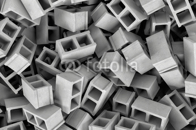 Rendering huge amount of gray cinder blocks lying together in disorder, top view.