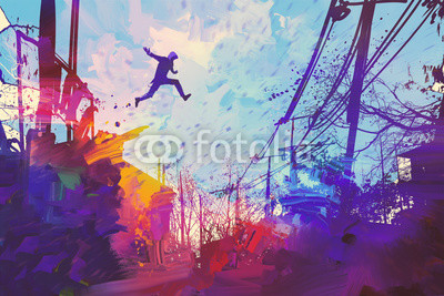 man jumping on the roof in city with abstract grunge,illustration painting