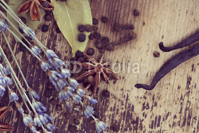Spices on rustic wooden background