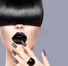 Naklejki Beauty Girl Portrait with Trendy Hairstyle, Black Lips and Nails