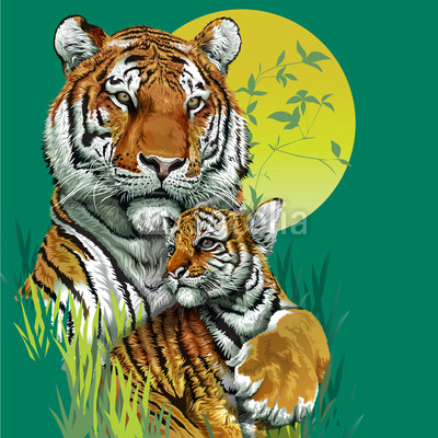 Tiger family in jungle. Vector illustration