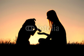 Naklejki Woman and Her Dog Shaking Hands Silhouette