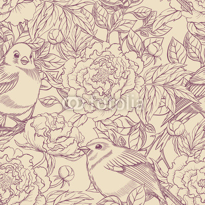 purple and beige birds and peonies