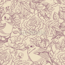 Fototapety purple and beige birds and peonies