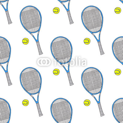 Tennis racquets and balls. Seamless watercolor pattern with