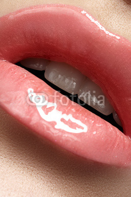 Sweet mouth. Sexy pink wet lip makeup, beautiful full lips