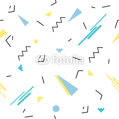 Seamless geometric pattern in retro 80s memphis style. Yellow pink triangles, lines, circles on white background pattern.

