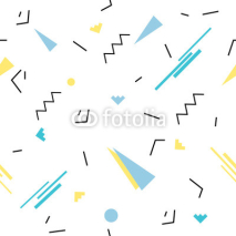 Fototapety Seamless geometric pattern in retro 80s memphis style. Yellow pink triangles, lines, circles on white background pattern.
