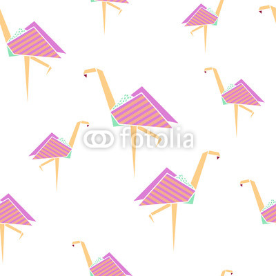 Pink flamingo seamless pattern. Origami style. Vector illustration.
