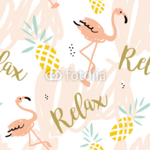 Blush pink flamingo, pineapples and message Relax on the white background with pastel strokes. Vector seamless pattern with tropical bird and fruit.