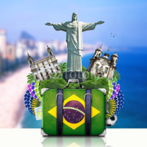Obrazy i plakaty Brazil, Brazil landmarks, travel and retro suitcase