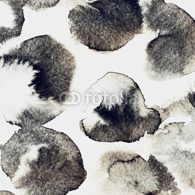 Black ink asymmetrical circles and spots of paint flow. Monochrome background with artistic texture. 