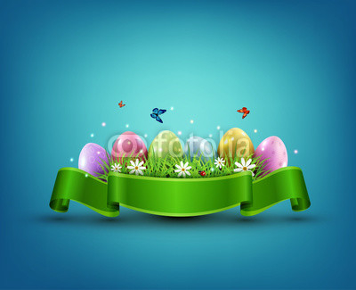 Vector Easter eggs with grass and flowers in green ribbon isolat