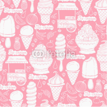 Naklejki Vector pattern with hand drawn ice cream and fruits on pink