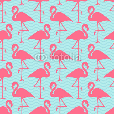 Seamless Pattern Flamingos Pink Waves