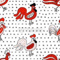 Naklejki Funny roosters, seamless vector pattern