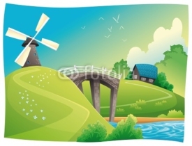 Countryside with windmill. Vector and cartoon landscape.
