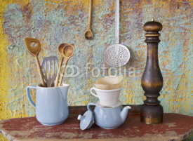 Fototapety Vintage kitchen utensils, spatulas,coffee pot,skimmer, filter