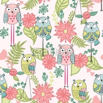 Naklejki Vector seamless pattern with owls and flowers