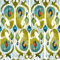 Fototapety Watercolor green ikat vibrant seamless pattern. Trendy tribal  in watercolour style. Peacock feather.