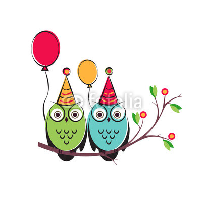 vector cute owls couple with balloons on the tree branch. Isolated design a white background for happy birthday. children s illustration postcards.