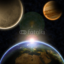 Planets with sunrise in the space