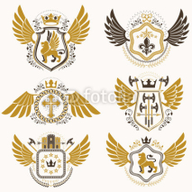 Heraldic emblems with wings isolated on white backdrop. Collecti