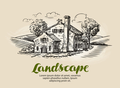House, summer cottage sketch. Vintage farm, rural landscape vector illustration