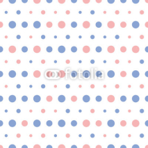 Naklejki Vector pattern of big and small colorful pink and blue polka dots on white background. Seamless polka dots background for scrapbooking, textile and web