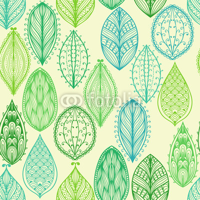 Seamless hand drawn vintage pattern with green ornate leaves
