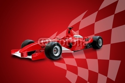 red formula one car and racing flag