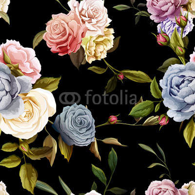 Roses and peony with leaves. Watercolor, hand drawn. Seamless background pattern. Vector - stock.
