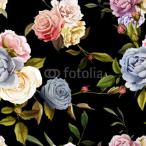 Fototapety Roses and peony with leaves. Watercolor, hand drawn. Seamless background pattern. Vector - stock.