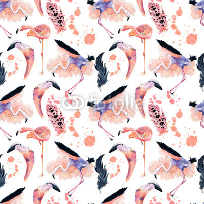Watercolor flamingo seamless pattern isolated on the white background