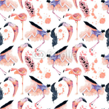 Naklejki Watercolor flamingo seamless pattern isolated on the white background