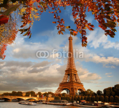 Naklejki Eiffel Tower with autumn leaves in Paris, France