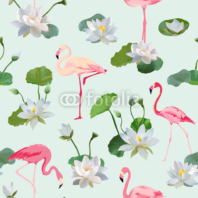 Flamingo Bird and Waterlily Flowers Background. Retro Seamless Pattern